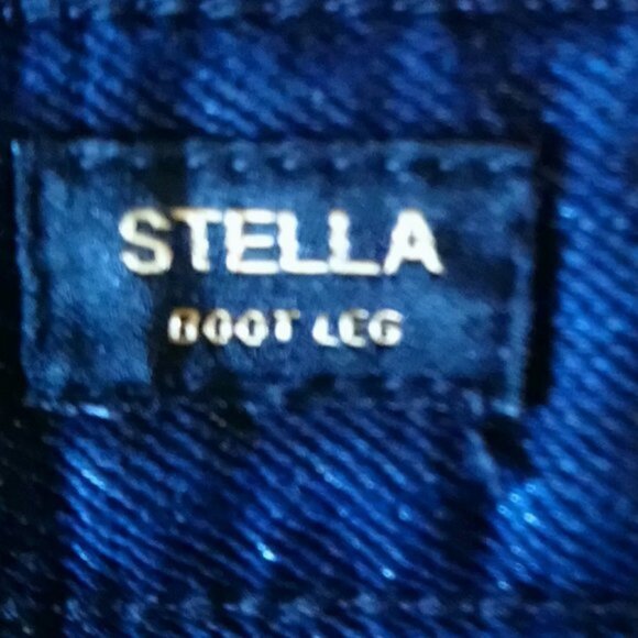 Express Stella"Dark Wash Bootcut Jeans with Abstract Blue/Gold Sequin Art Sz 10 - Picture 7 of 7